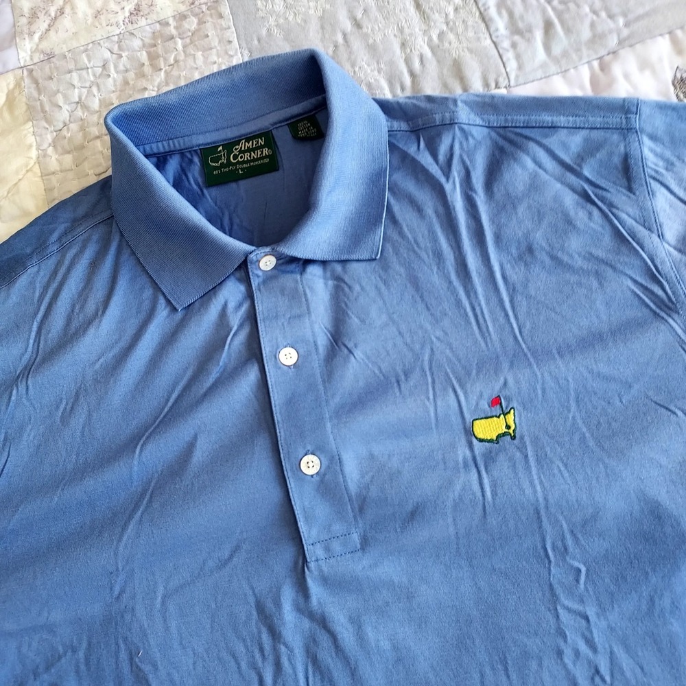 Vtg Masters Amen Corner 80s Polo  Shirt Men Large Blue Cotton Golf Hong Kong NOS - Picture 2 of 13